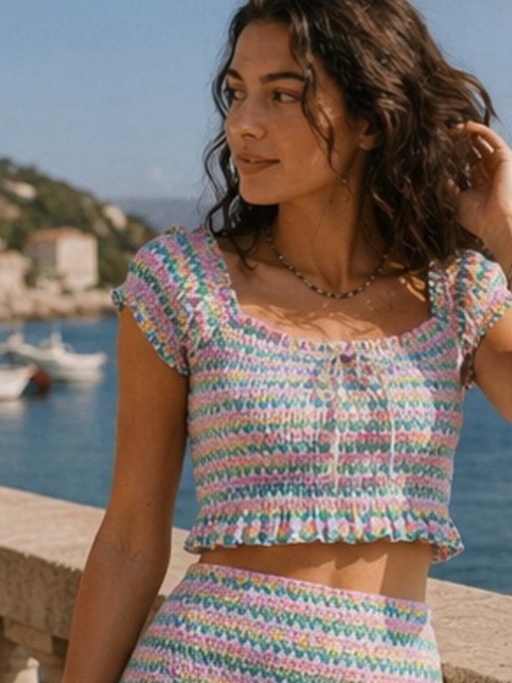 Crochet-Style Pastel Smocked Crop Top - Pink Multi